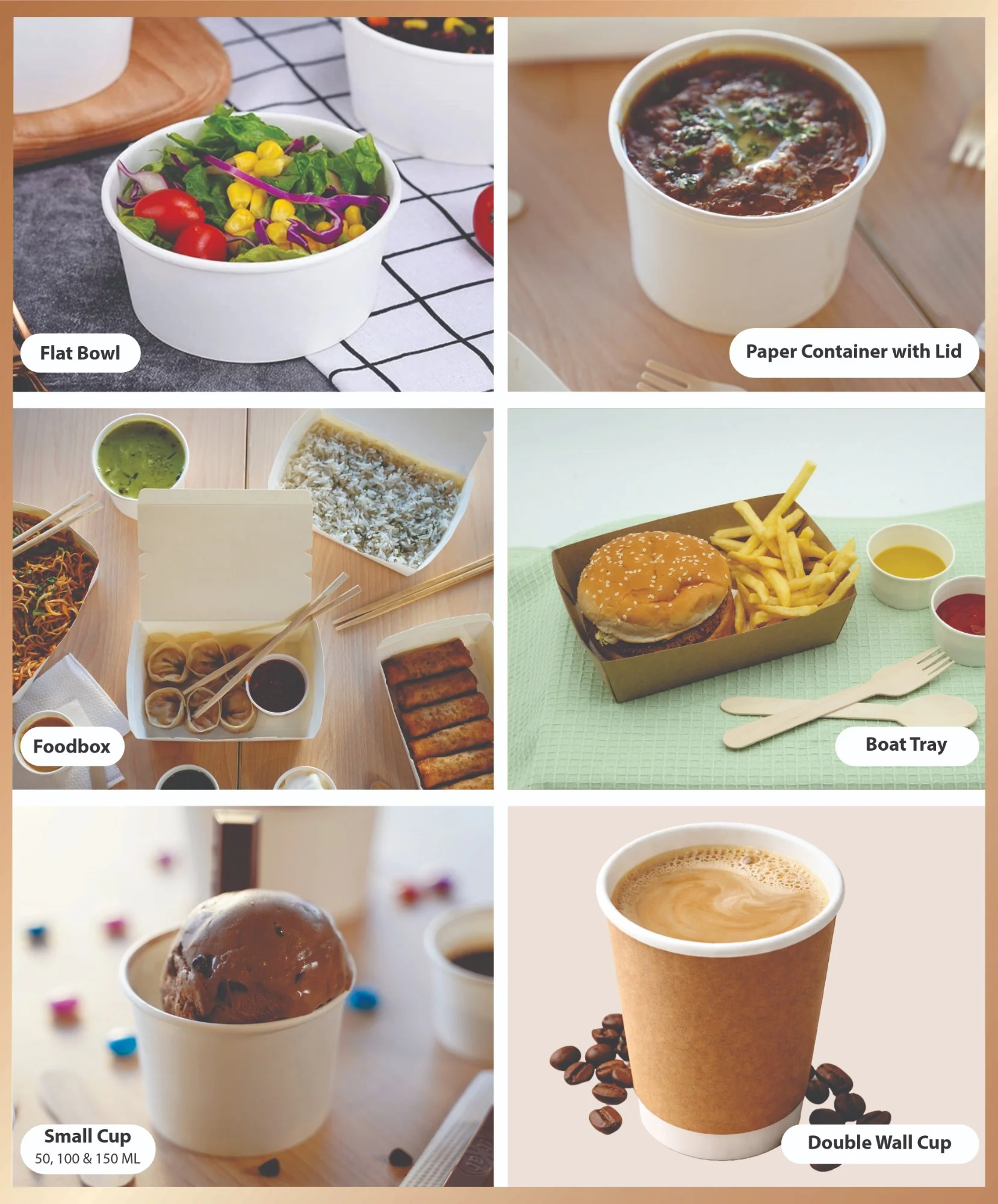 Types of Products we offer – Flat Bowl, Paper Container, Foodbox, Boat Tray, Small Cup, Double Wall Cup